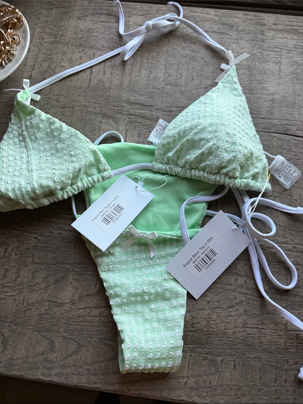 Textured Light Green Triangle Bikini Set - Women Swim